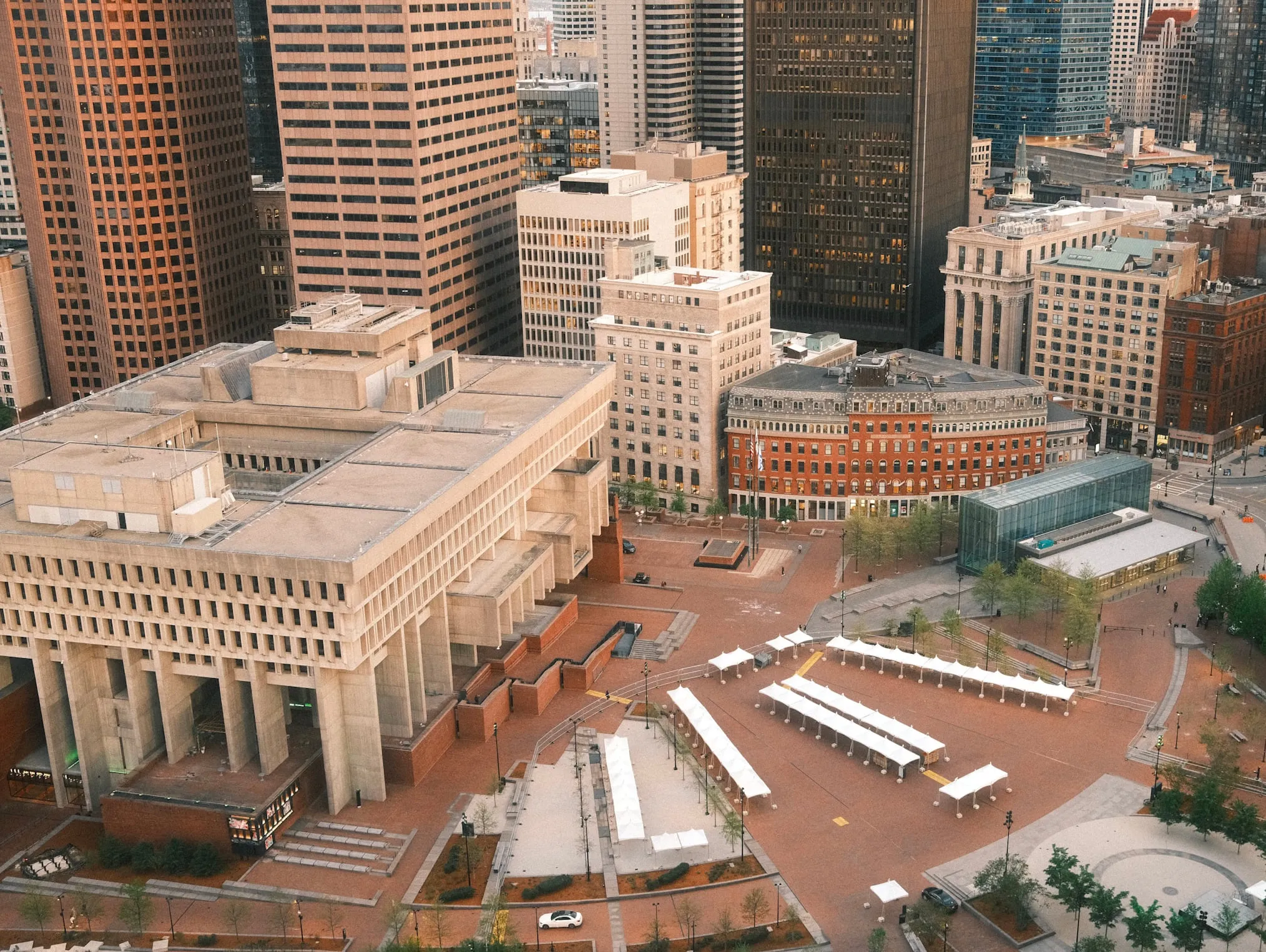 The plaza from above, benches laid out in rows.
