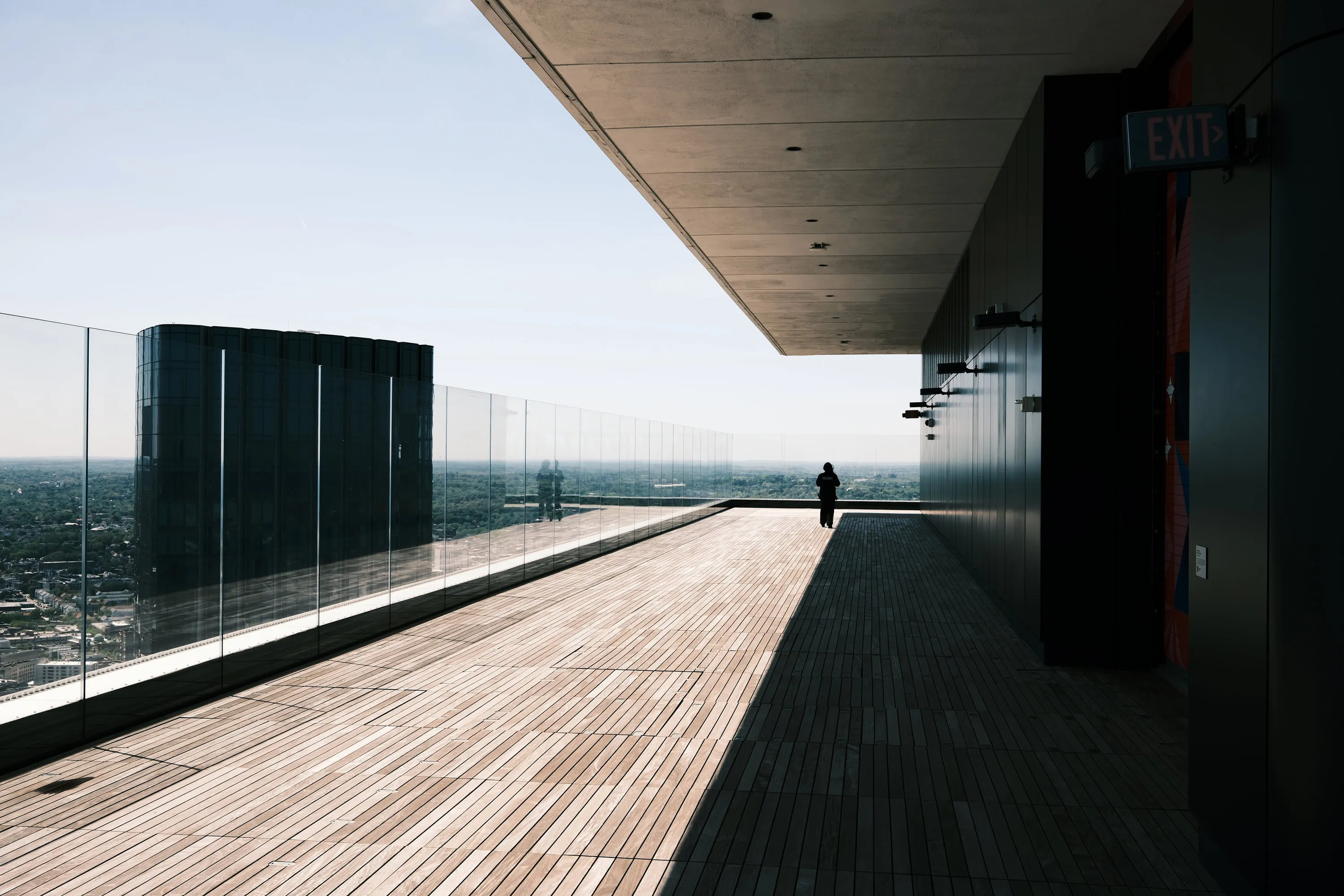 An empty terrace a long way above the ground.