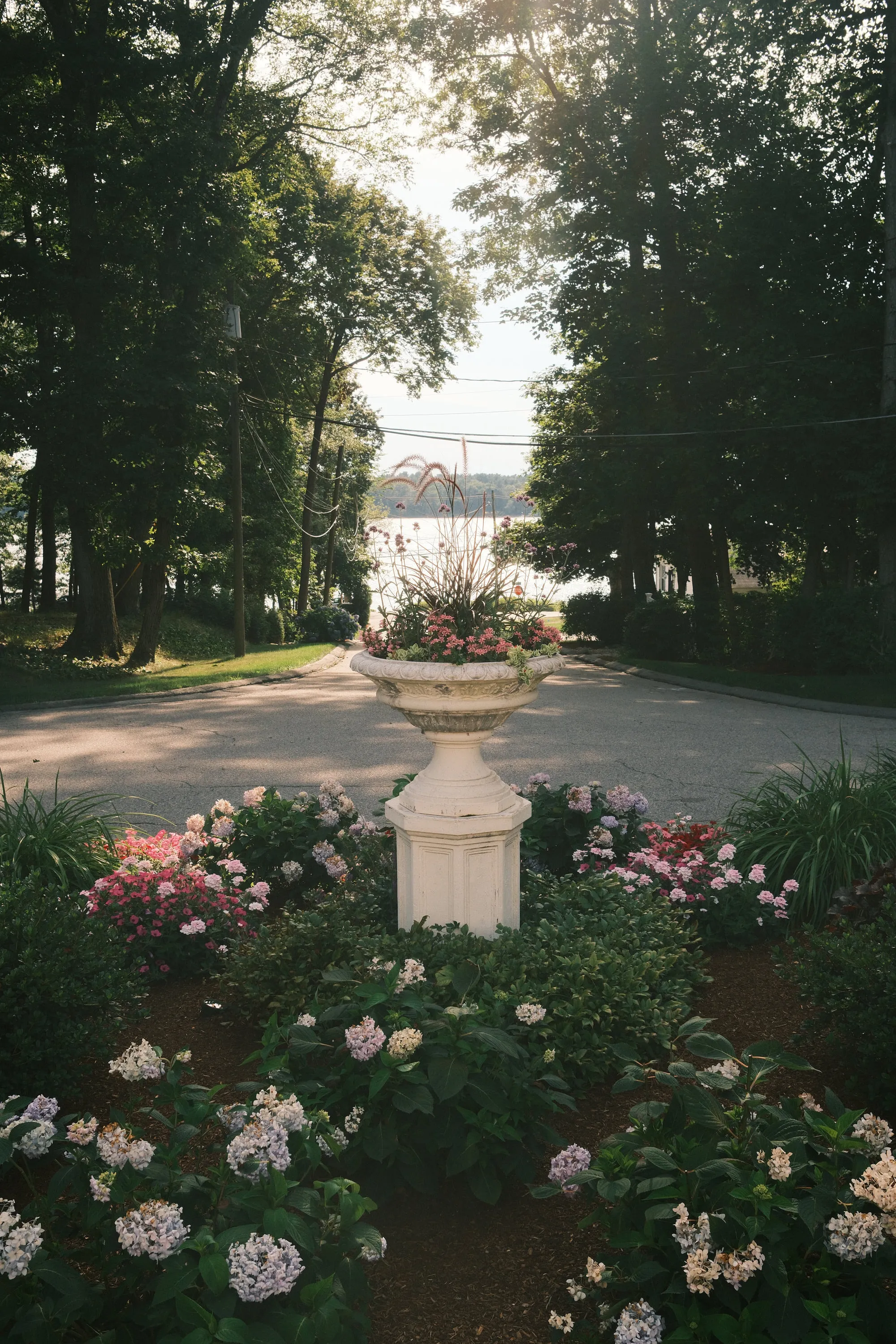 Hydrangeas and a stone urn, water at the end of the drive.